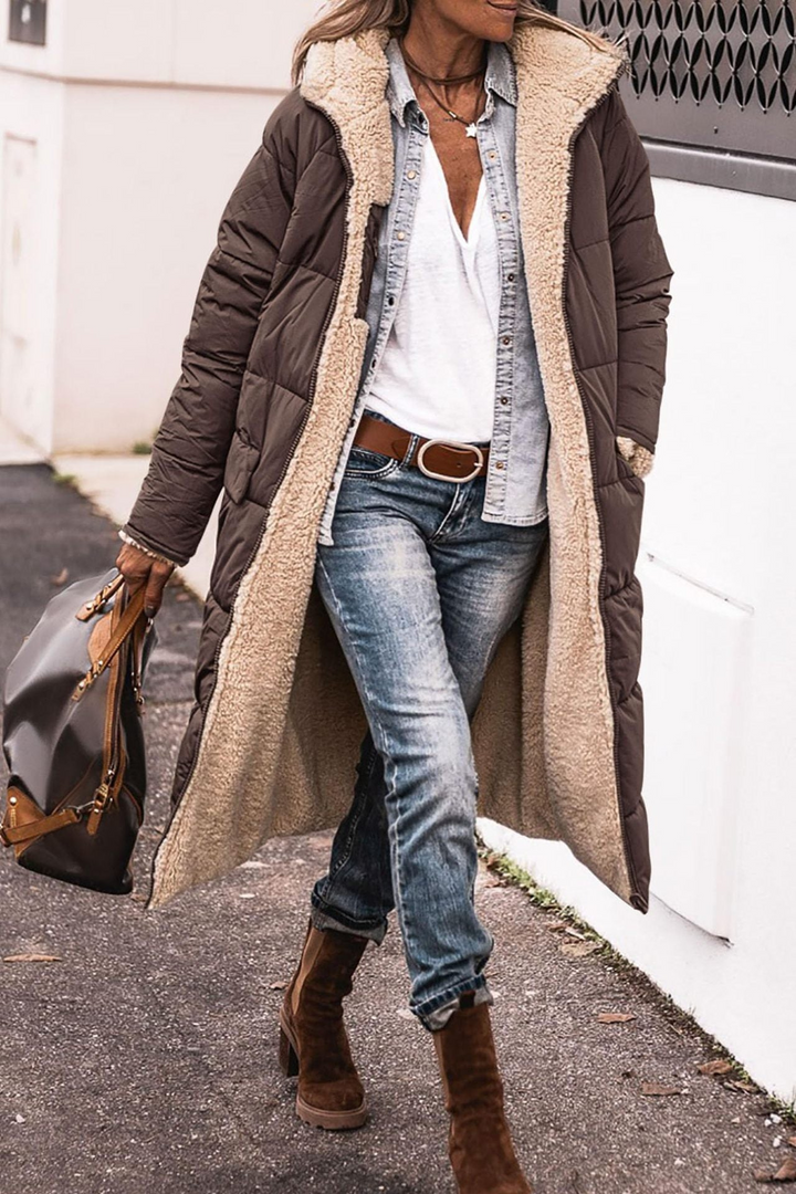 Reversible Damen Winterjacke in Schwarz/Beige, lang, warm & vielseitig für kalte Tage.