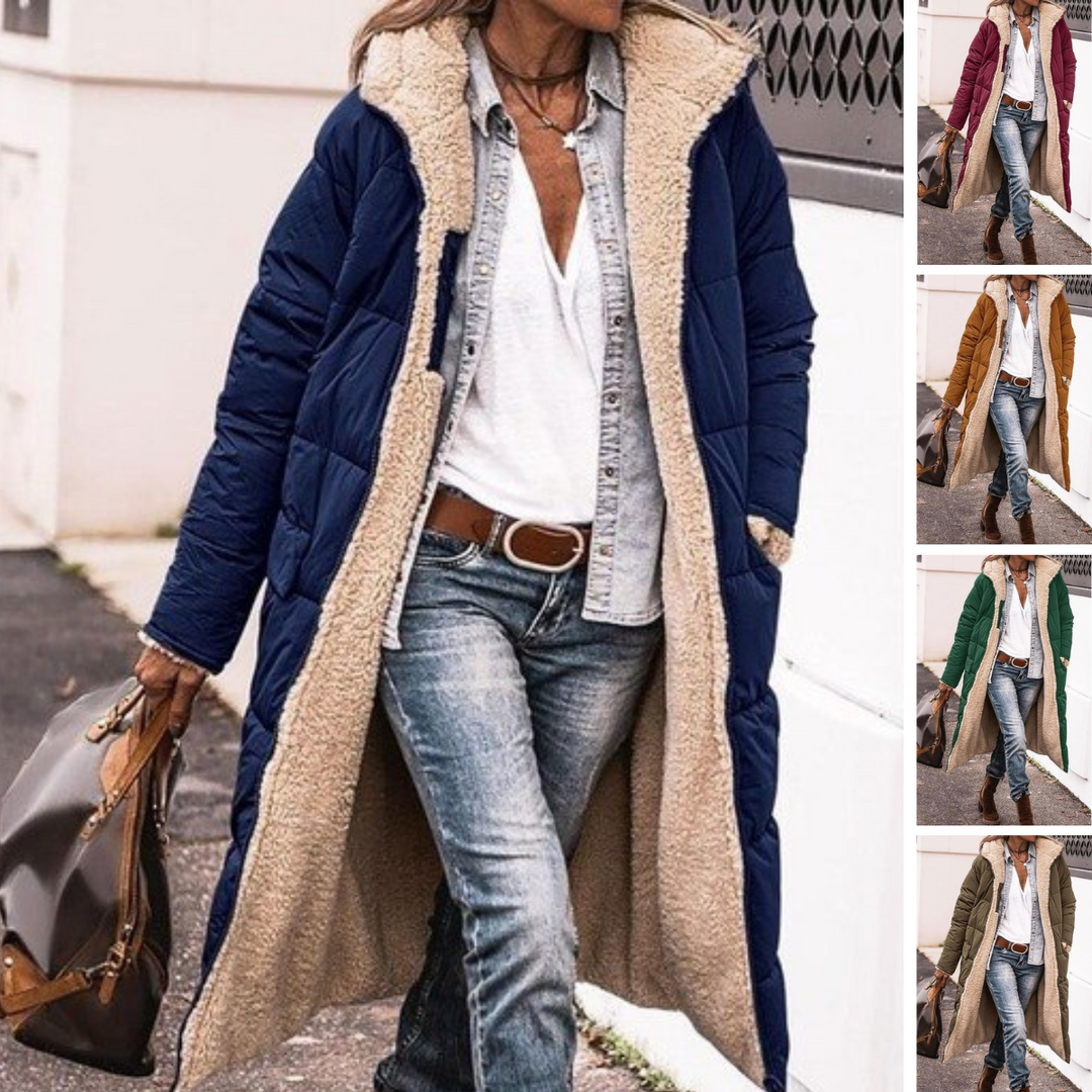 Luxuriöse wendbare Damen Winterjacke, lang, hoher Kragen, schützt elegant vor Kälte.