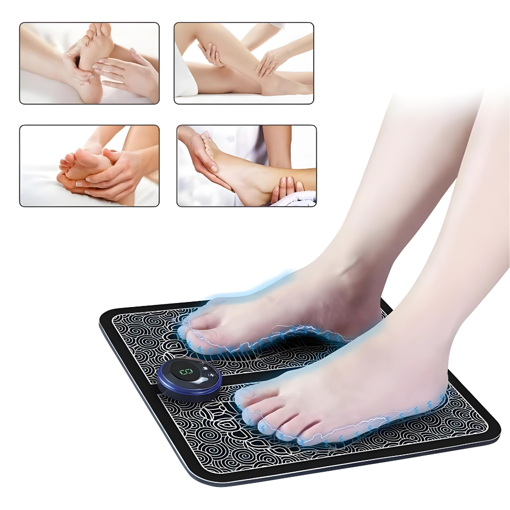 Kompaktes, tragbares RevitaFeet EMS-Fußmassagepad. Modernes Design für entspannende Fußmassage überall.