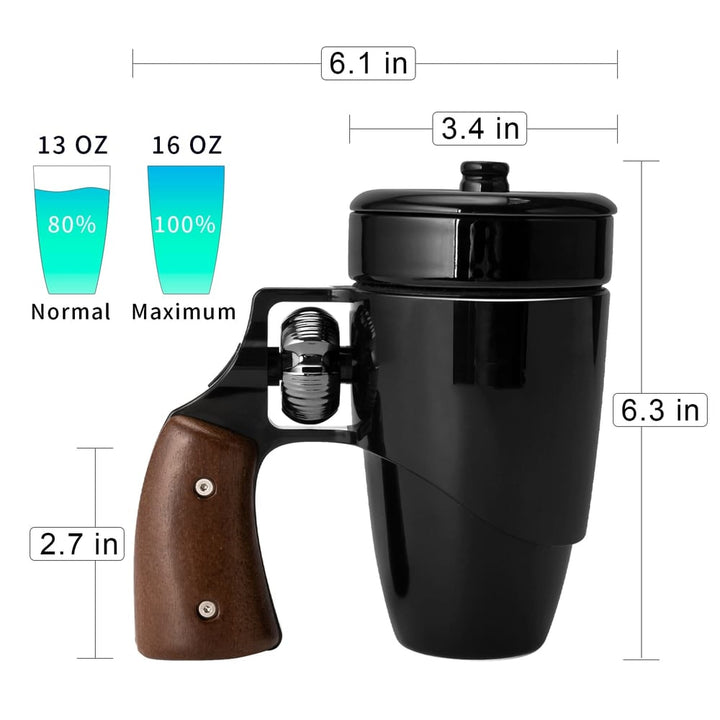 Detailansicht der Revolver-Kaffeetasse, einzigartiger Keramikbecher mit coolem Design für Kaffeefreunde.