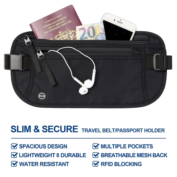 Versteckte RFID-Bauchtasche, ideal unter Kleidung. Sichere Hüfttasche zum Schutz vor Datendiebstahl auf Reisen.