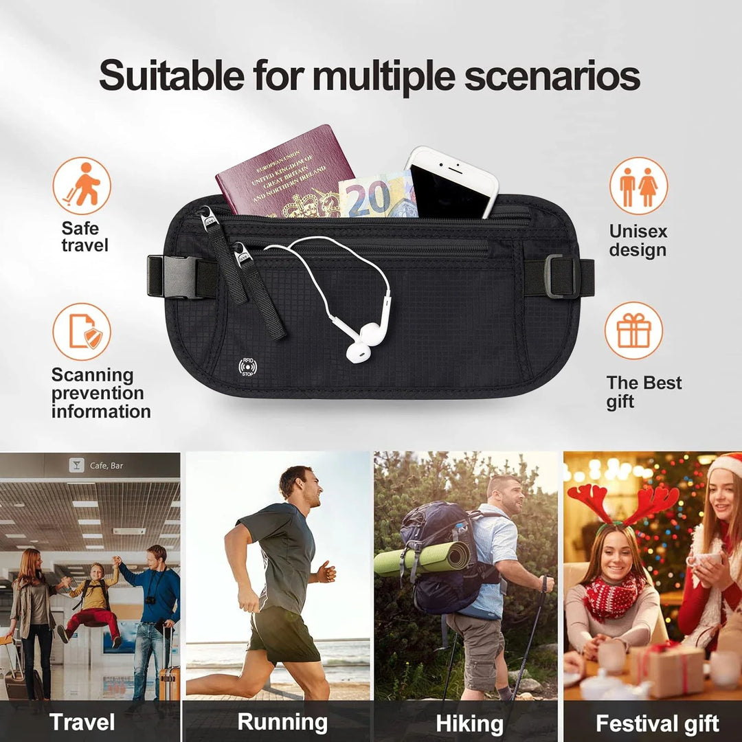 Bequeme RFID-Bauchtasche für Damen & Herren: sichere Hüfttasche schützt Reisepass & Wertsachen auf Reisen vor Diebstahl.