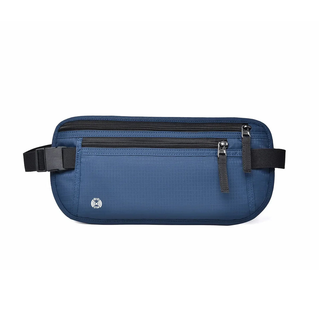 Diskrete RFID-Hüfttasche in neutralem Grau, perfekt für sicheres Reisen. Versteckte Bauchtasche für Geld & Pässe.