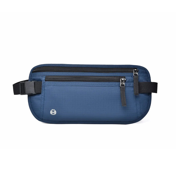 Diskrete RFID-Hüfttasche in neutralem Grau, perfekt für sicheres Reisen. Versteckte Bauchtasche für Geld & Pässe.