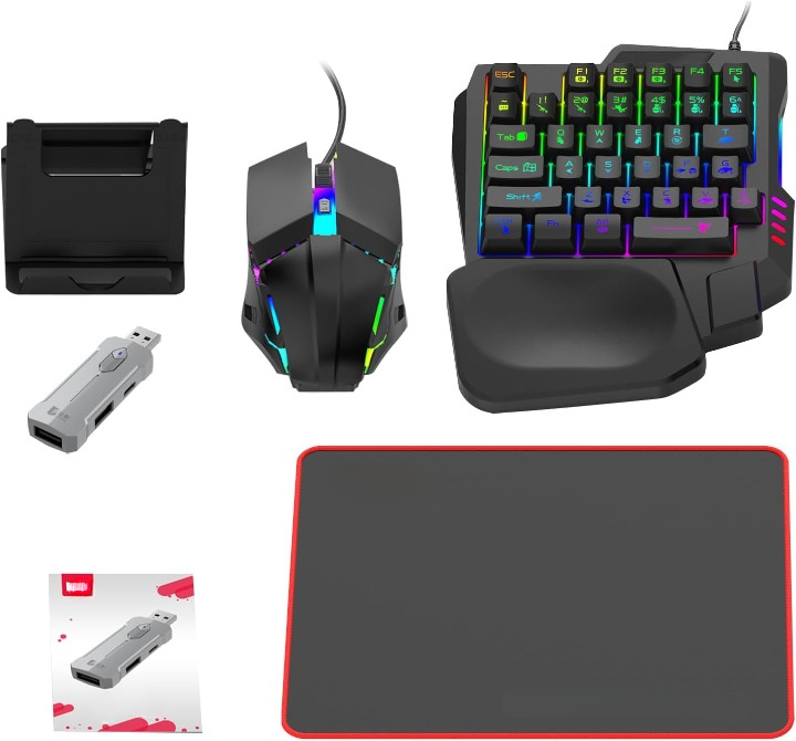 Kompaktes RGB Gaming-Tastatur und Maus Set mit Adapter, vielseitig einsetzbar für PC und mobiles Gaming.
