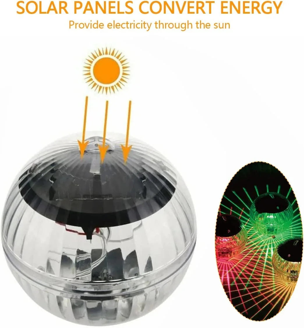 Schwimmende RGB LED Solarleuchte als Poolbeleuchtung. Wasserdichtes, solarbetriebenes Schwimmlicht für Teich.
