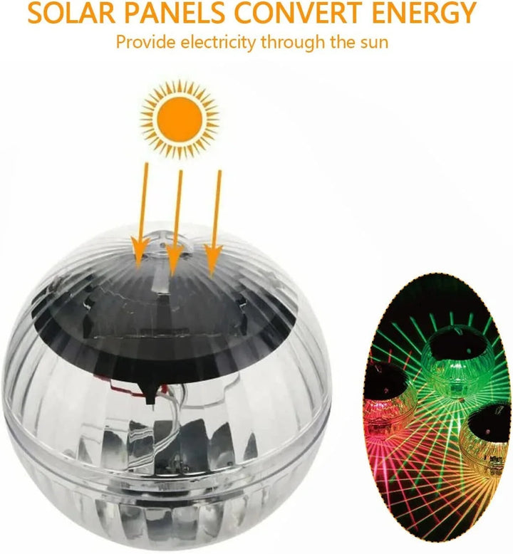 Schwimmende RGB LED Solarleuchte als Poolbeleuchtung. Wasserdichtes, solarbetriebenes Schwimmlicht für Teich.