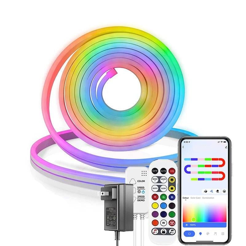 Detailansicht: Leuchtender RGB Neon LED Streifen. Smarte Musiksynchronisation, per App steuerbar für perfekte Lichteffekte.