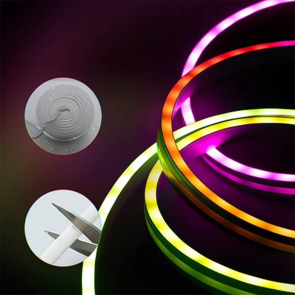 Smarter RGB Neon LED Streifen mit Musiksynchronisation. Ideal für dynamische Stimmungsbeleuchtung und kreative Dekoration.