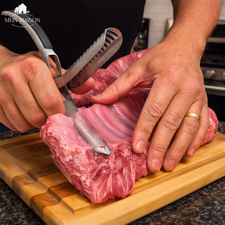 RibStrip Pro Küchengerät aus Edelstahl: entfernt Silberhaut von Rippchen & Fischhaut. Für zarte Ergebnisse.