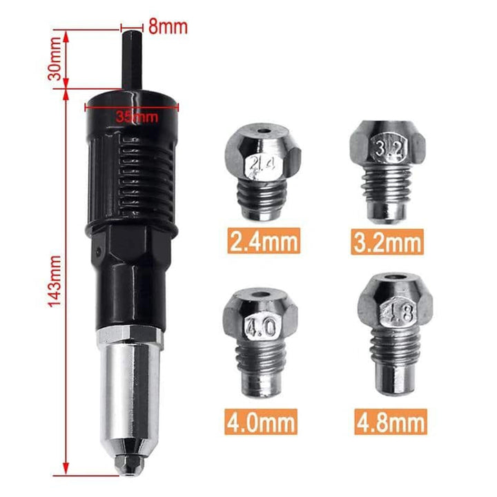 RivetMaster Pro Nietenadapter-Set mit diversen Mundstücken; perfekt für Blindnieten verschiedener Größen.