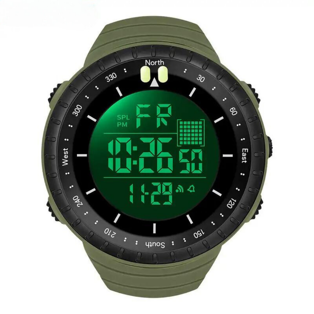 Detailansicht der wasserdichten AdventureMaster Outdooruhr für Herren mit Kompass & Nachtlicht.