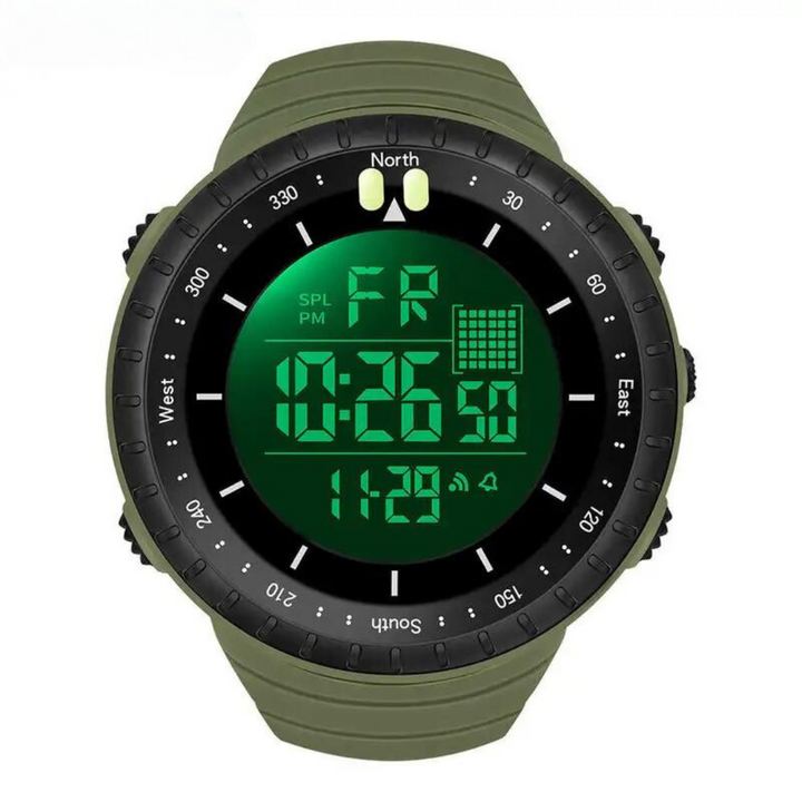 Detailansicht der wasserdichten AdventureMaster Outdooruhr für Herren mit Kompass & Nachtlicht.