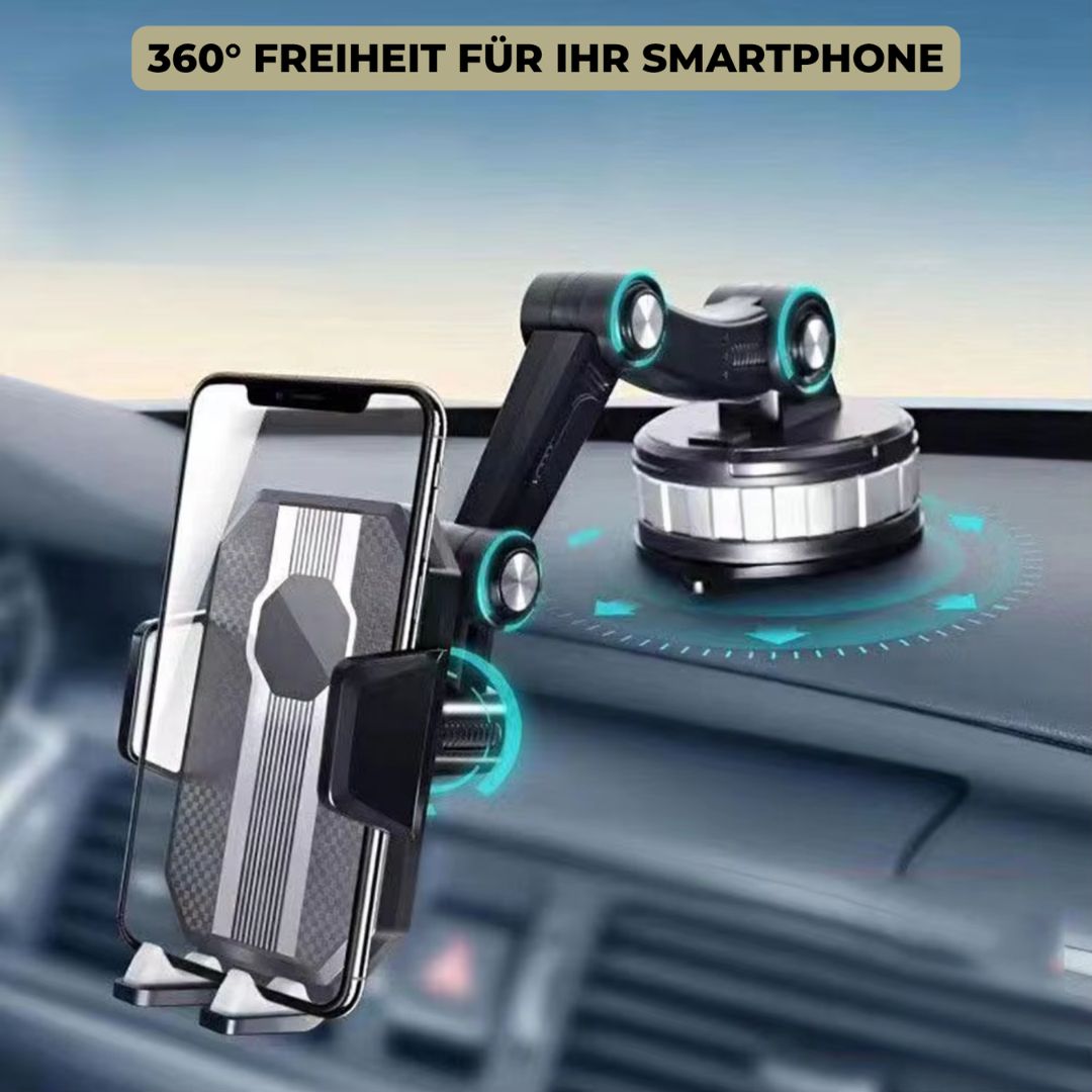 Robuste Auto Handyhalterung mit Saugnapf und 360° Drehung für sicheren Smartphone-Halt im Fahrzeug.