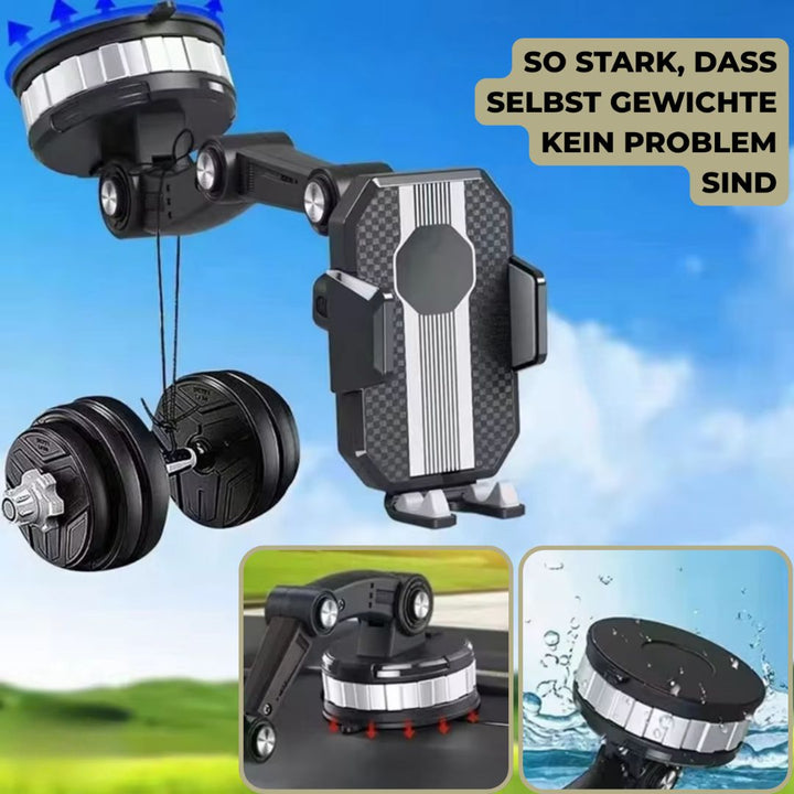 Stabile Handyhalterung für PKW mit kräftigem Saugnapf und drehbarer Kugel für besten Blickwinkel auf das Handy.