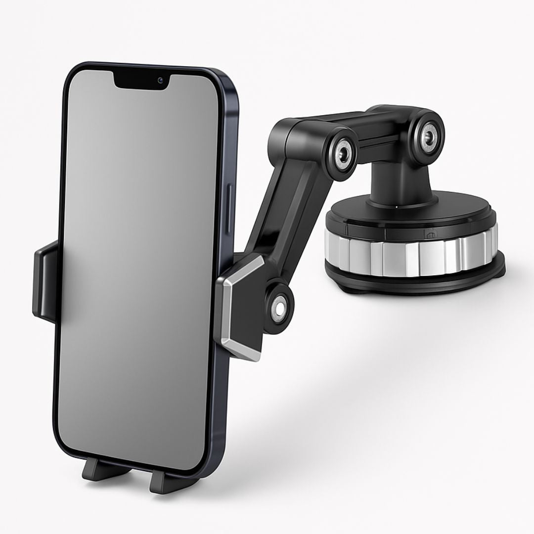 Robuste KFZ Halterung für Handys, ideal für Navigation und Freisprechen, mit sicherem Saugnapf am Armaturenbrett.