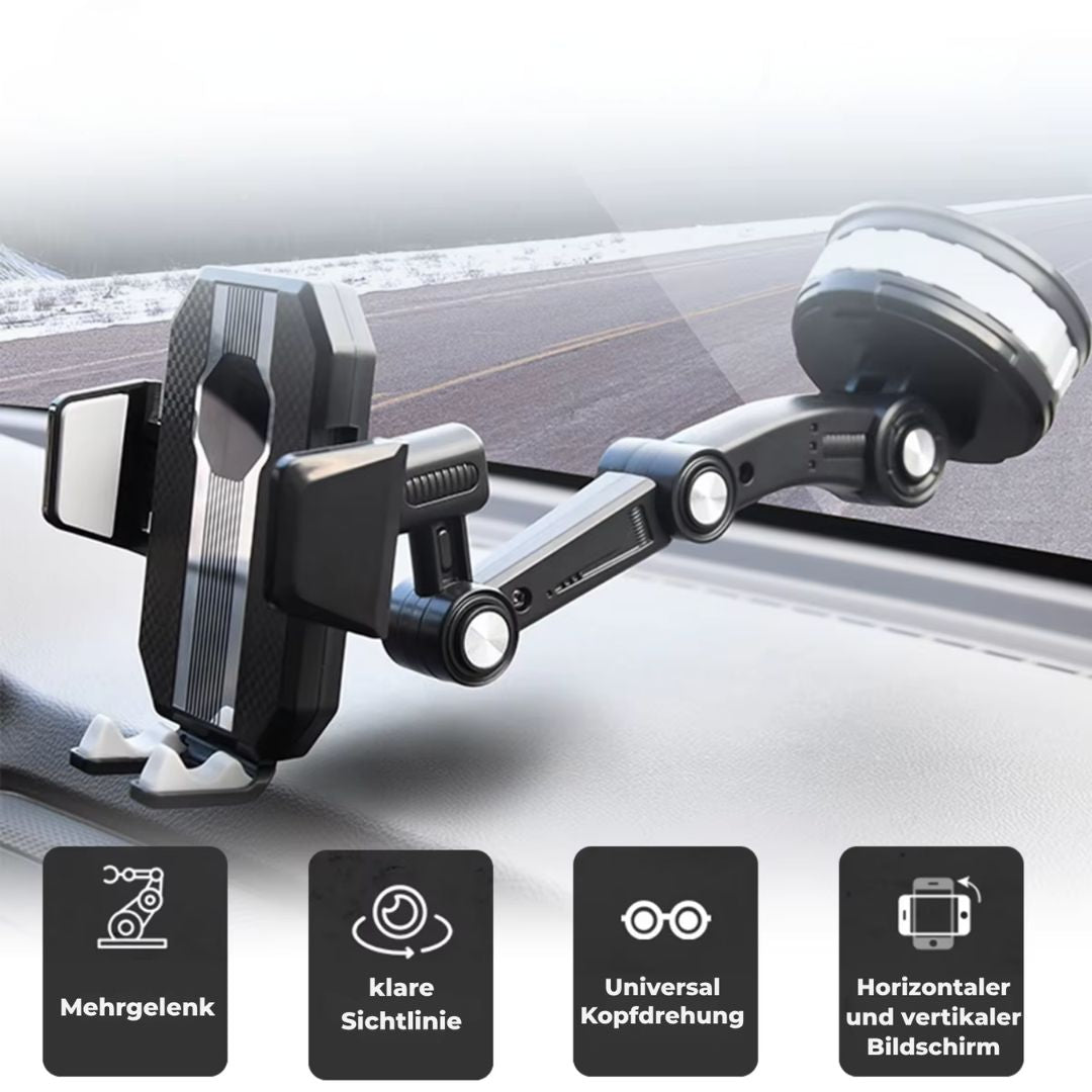 Universal Auto Handyhalterung mit Saugnapf für sicheren Halt an Windschutzscheibe oder Armaturenbrett.