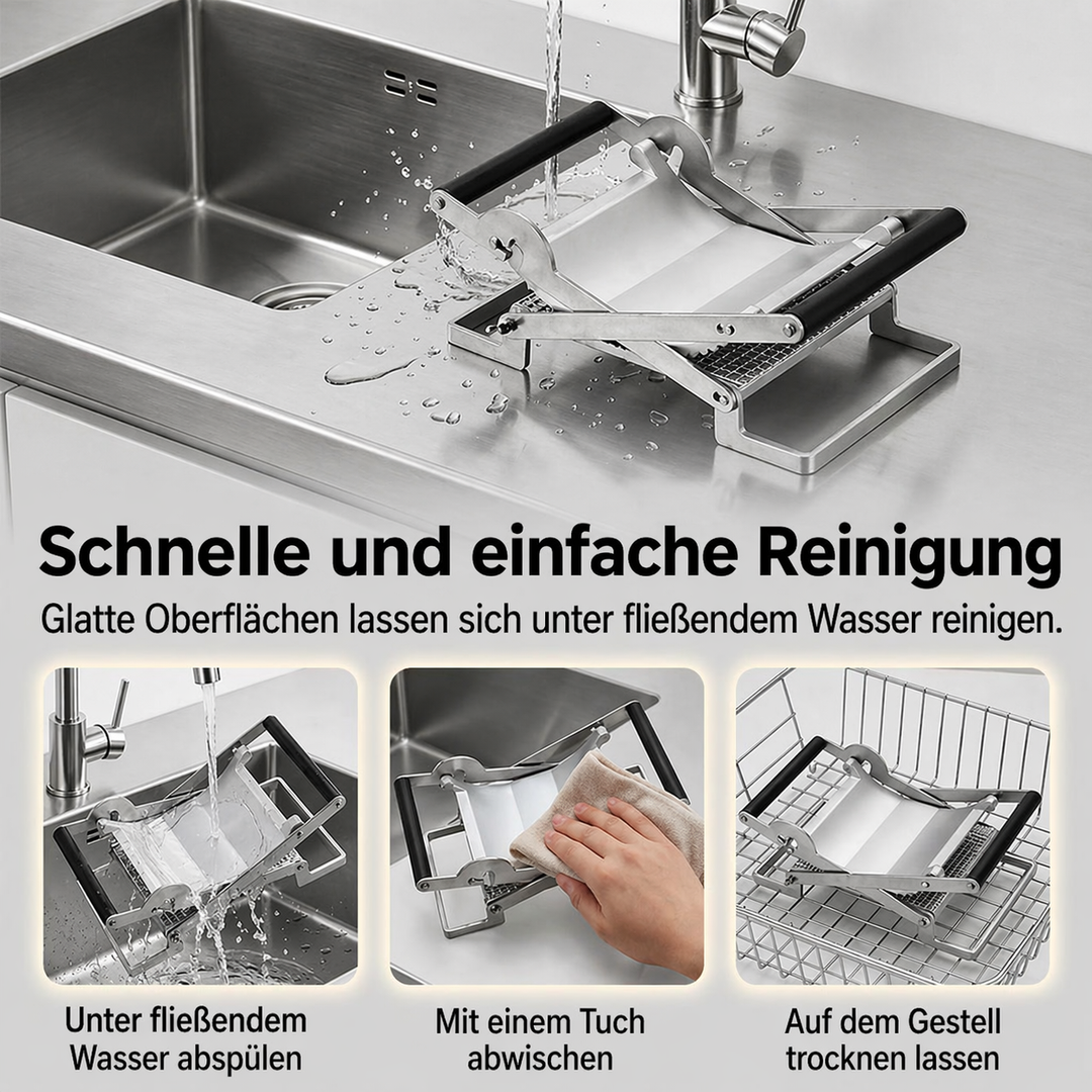 Küchengerät: Eine Fleischpresse aus Edelstahl für gleichmäßige Burger Patties und zarte Schnitzel.