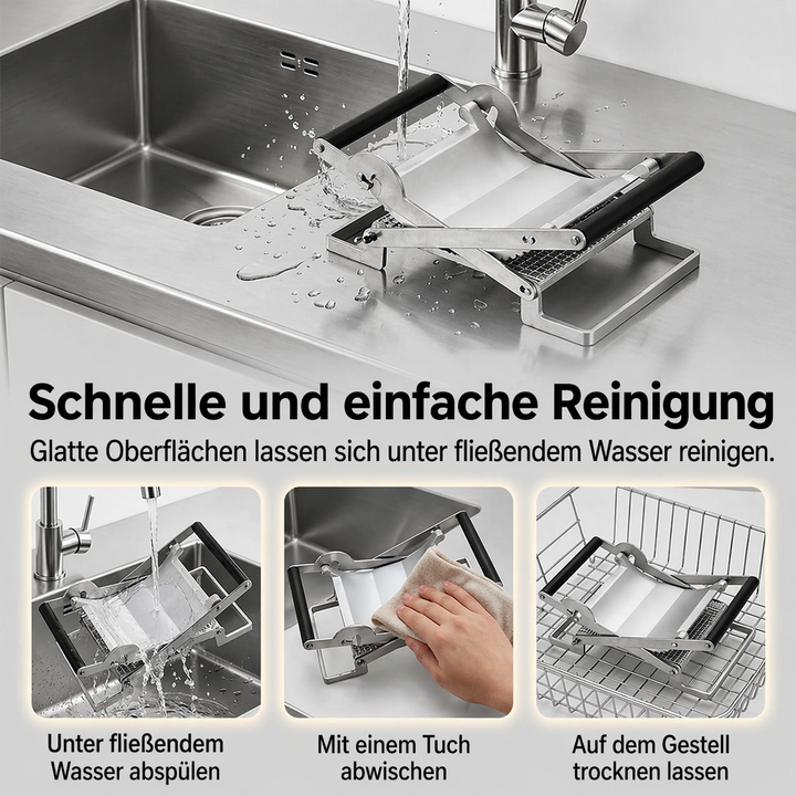 Küchengerät: Eine Fleischpresse aus Edelstahl für gleichmäßige Burger Patties und zarte Schnitzel.