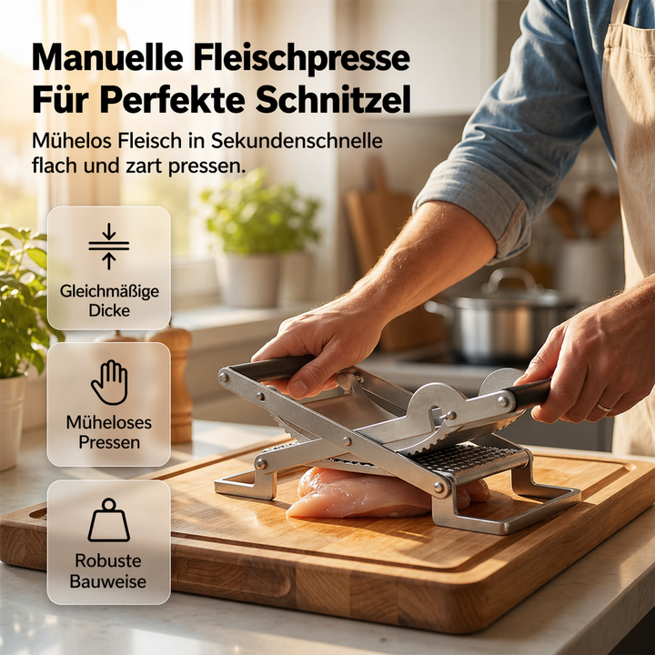 Edelstahl Fleischpresse für perfekte Burger Patties und dünne Schnitzel. Unverzichtbares Kochzubehör.