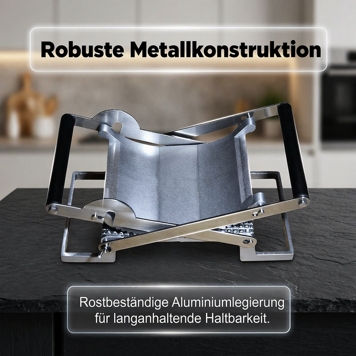 Vielseitige Fleischpresse aus Edelstahl zum Zubereiten von Fleisch, wie Burger, Frikadellen und Schnitzel.
