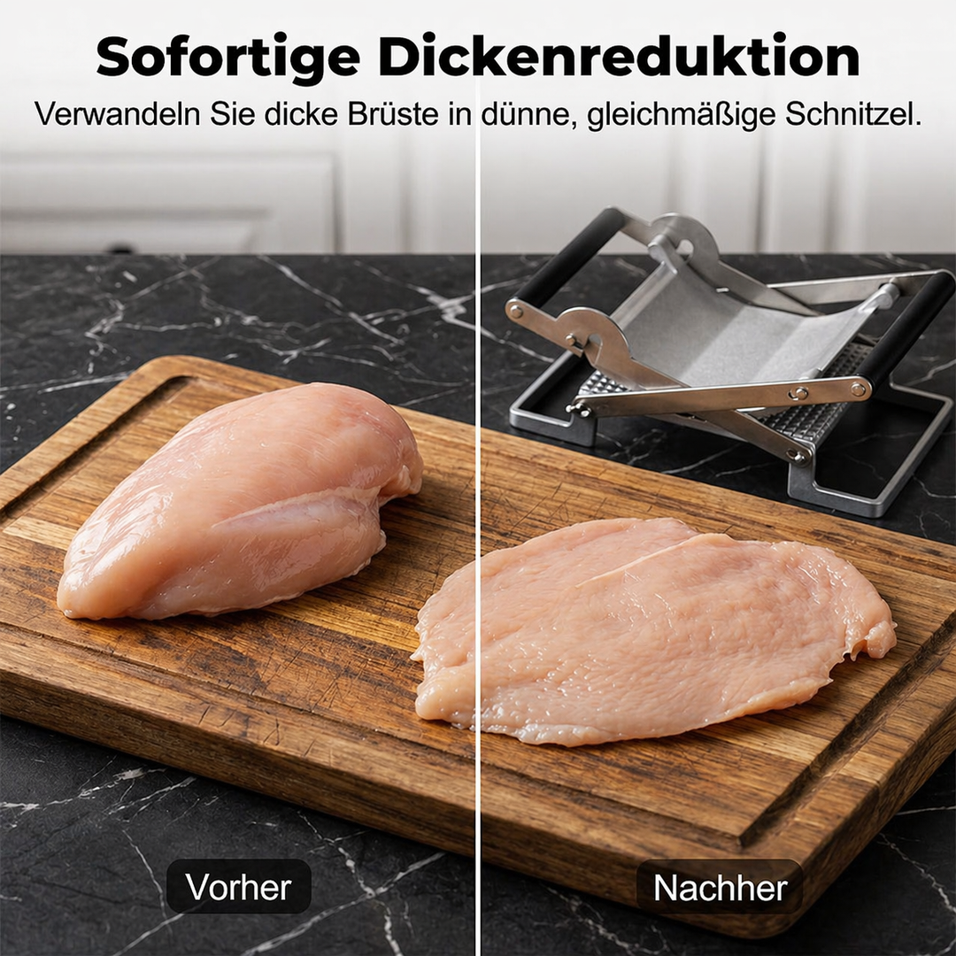 Professionelle Fleischpresse aus Edelstahl für die Zubereitung von hausgemachten Burgern und Schnitzeln.