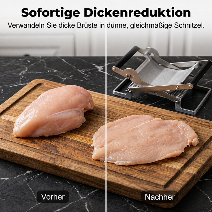 Professionelle Fleischpresse aus Edelstahl für die Zubereitung von hausgemachten Burgern und Schnitzeln.