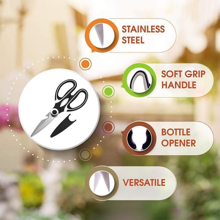 Essentieller Küchenhelfer: Robuste Edelstahl Küchenschere, universell einsetzbar, mit Nussknacker und Flaschenöffner.