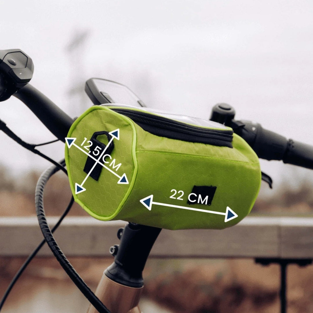 Vordere Fahrradtasche für sichere Aufbewahrung und zugängliches Touchscreen-Smartphone-Fenster.