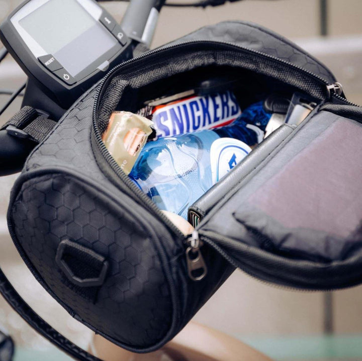Outdoor-Fahrradtasche am Lenker, mit Spritzschutz und klarem Touchscreen-Zugang.