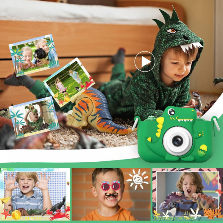 Digitale Kinderkamera, robust und sicher im Dinosaurier-Look, perfekt für erste Fotoabenteuer kleiner Entdecker.