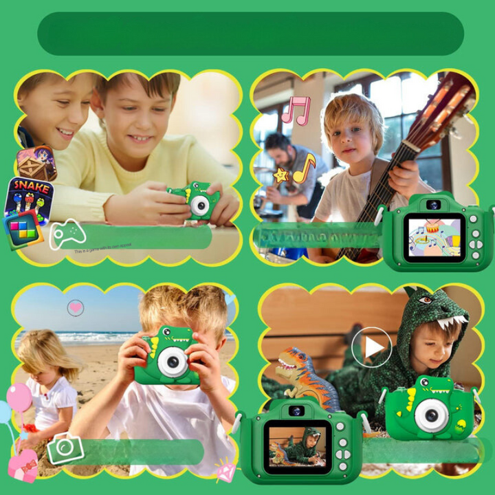 Hochauflösende Spielzeugkamera für Kinder mit Dinosaurier-Motiv. Fördert Spielspaß und Kreativität beim Fotografieren.