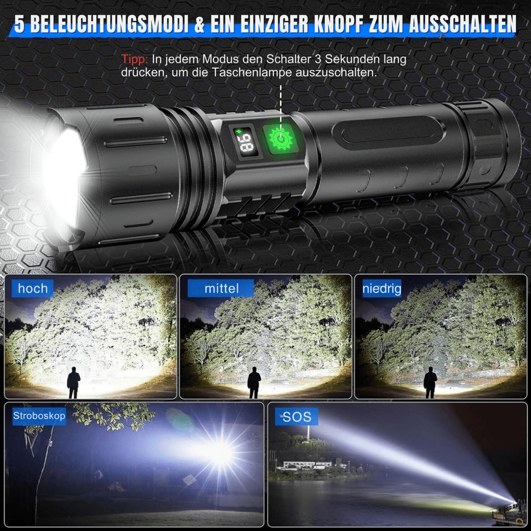 Detailaufnahme der hellen LED-Taschenlampe aus hochwertigem Aluminium, mit griffiger Oberfläche für sicheren Halt.