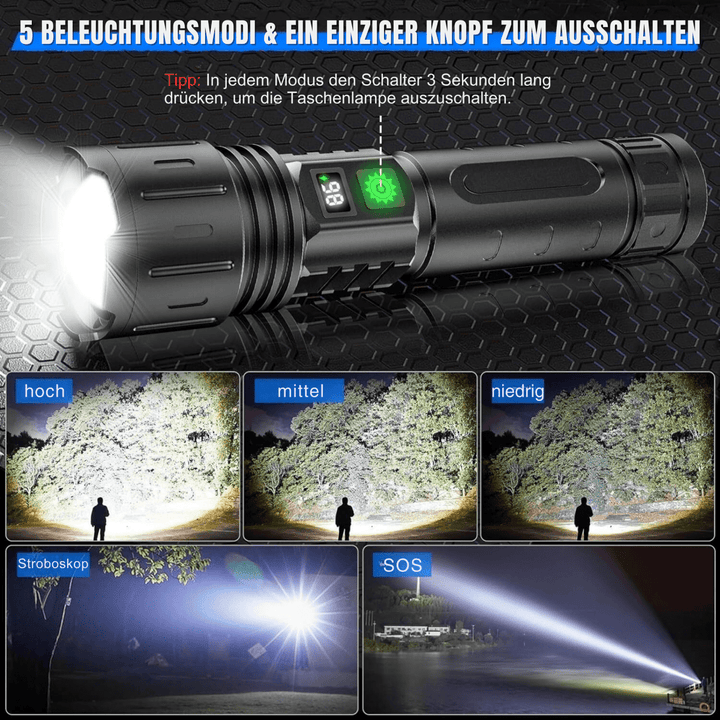 Detailaufnahme der hellen LED-Taschenlampe aus hochwertigem Aluminium, mit griffiger Oberfläche für sicheren Halt.