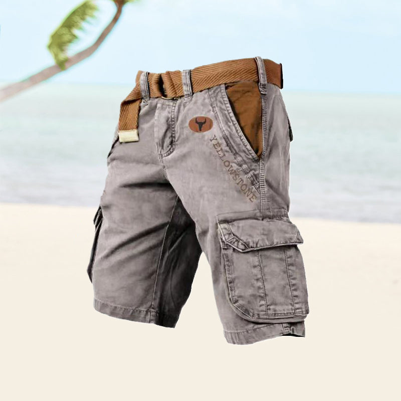 Detailbild: Bund und Gesäßtaschen der bequemen Herren Cargo Shorts, perfekt für Sport und Freizeit.