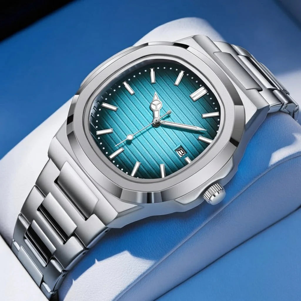 Seitliche Ansicht der robusten, quadratischen Herrenuhr. Wasserdichte Militär-Digitaluhr für jeden Tag.