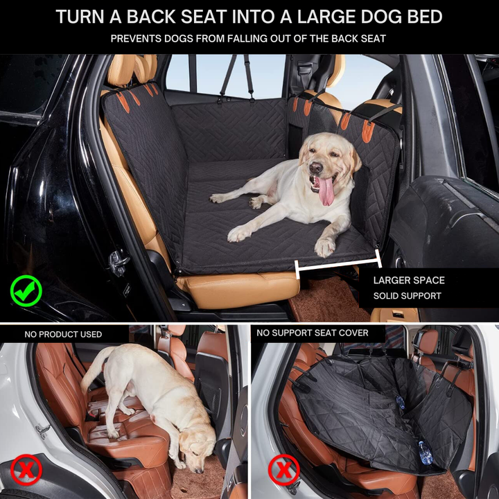 Komfortable Haustier Rücksitzmatte für Hunde. Schützt Autositze universell bei langen Reisen und Ausflügen.