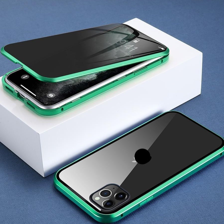 Elegante magnetische iPhone Hülle mit Sichtschutz aus gehärtetem Glas & Metallrahmen für Privatsphäre.