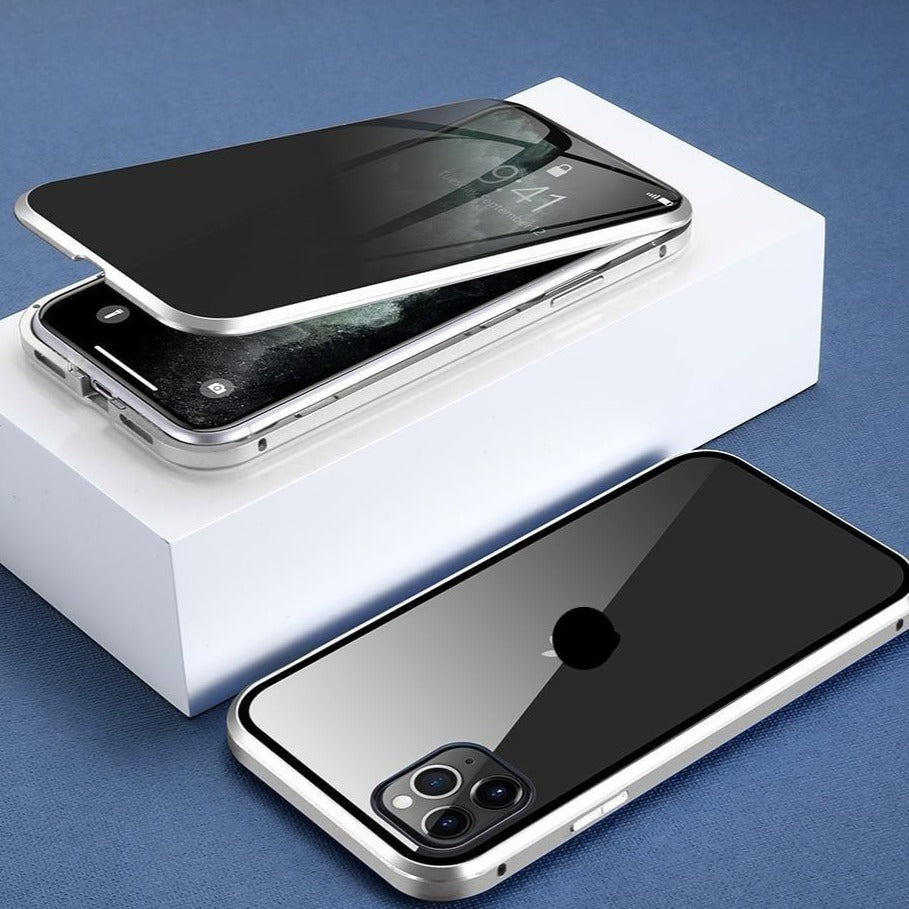 Moderne iPhone Hülle mit Sichtschutz, Magnetverschluss & Metallrahmen; sicherer Halt & Privatsphäre am Smartphone.