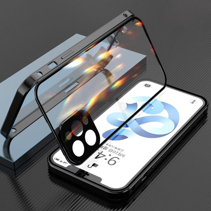 iPhone Schutzhülle aus Metall mit integriertem gehärtetem Glas und Objektivschutz.