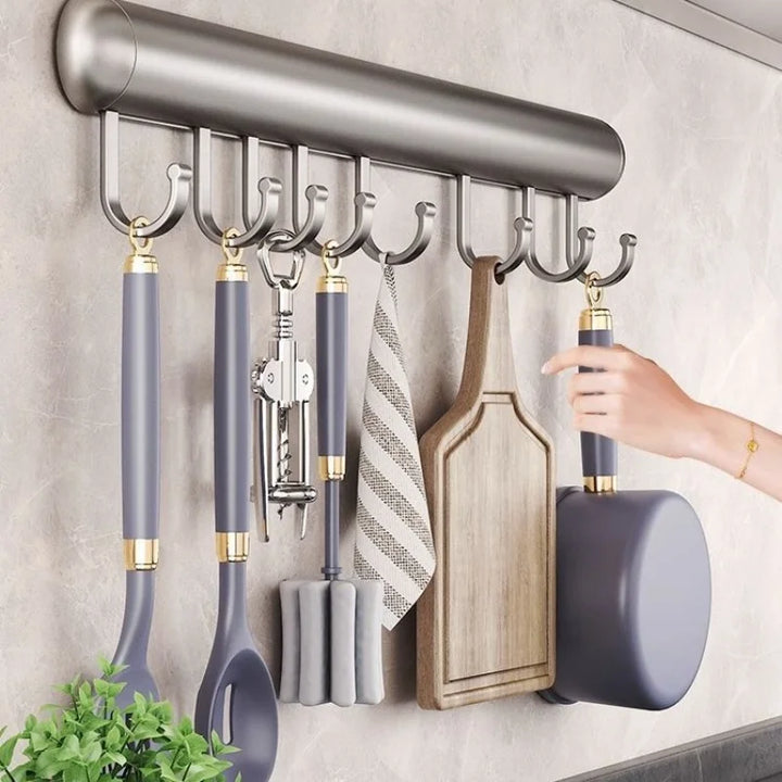Robuste Küchenhakenleiste aus Aluminium für platzsparende Wandaufbewahrung von Küchenutensilien, Grau/Schwarz.