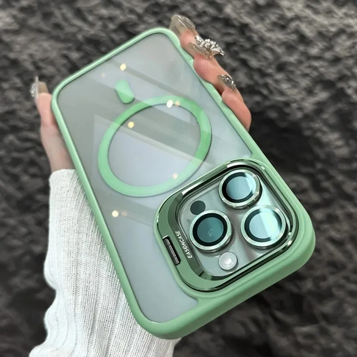 Schlankes & sicheres Slim Case mit magnetischer Befestigung, Kameraschutz & ausklappbarem Handyständer.