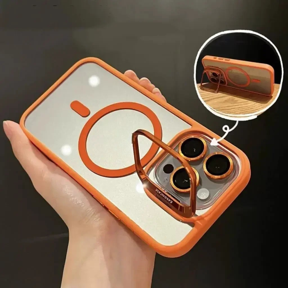 Magnetische Schutzhülle für Handy mit integriertem Ständer & robustem Kameraschutz. Perfekt für kabelloses Laden.