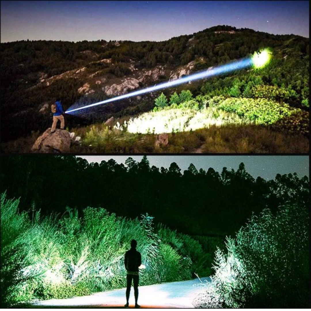Nahaufnahme der robusten, wasserdichten Militär-LED-Taschenlampe, ideal für Survival & Wandern.