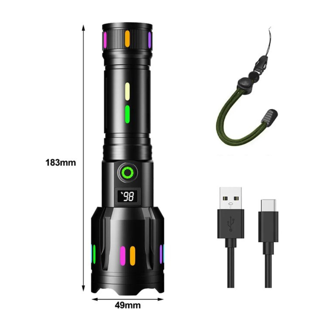 Kraftvoller Lichtstrahl der hellen LED-Taschenlampe, perfekt für Outdoor-Nachtwanderungen & Notfälle.