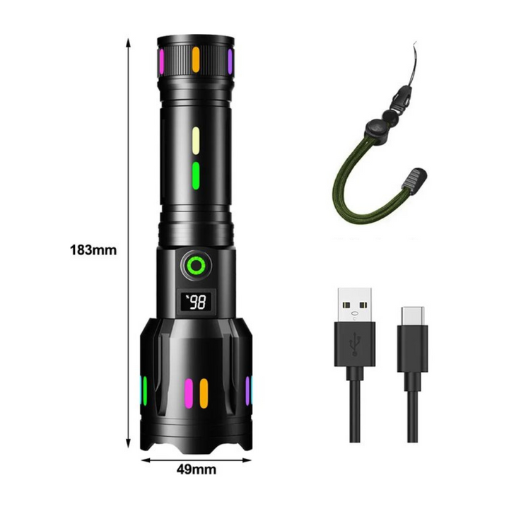 Kraftvoller Lichtstrahl der hellen LED-Taschenlampe, perfekt für Outdoor-Nachtwanderungen & Notfälle.