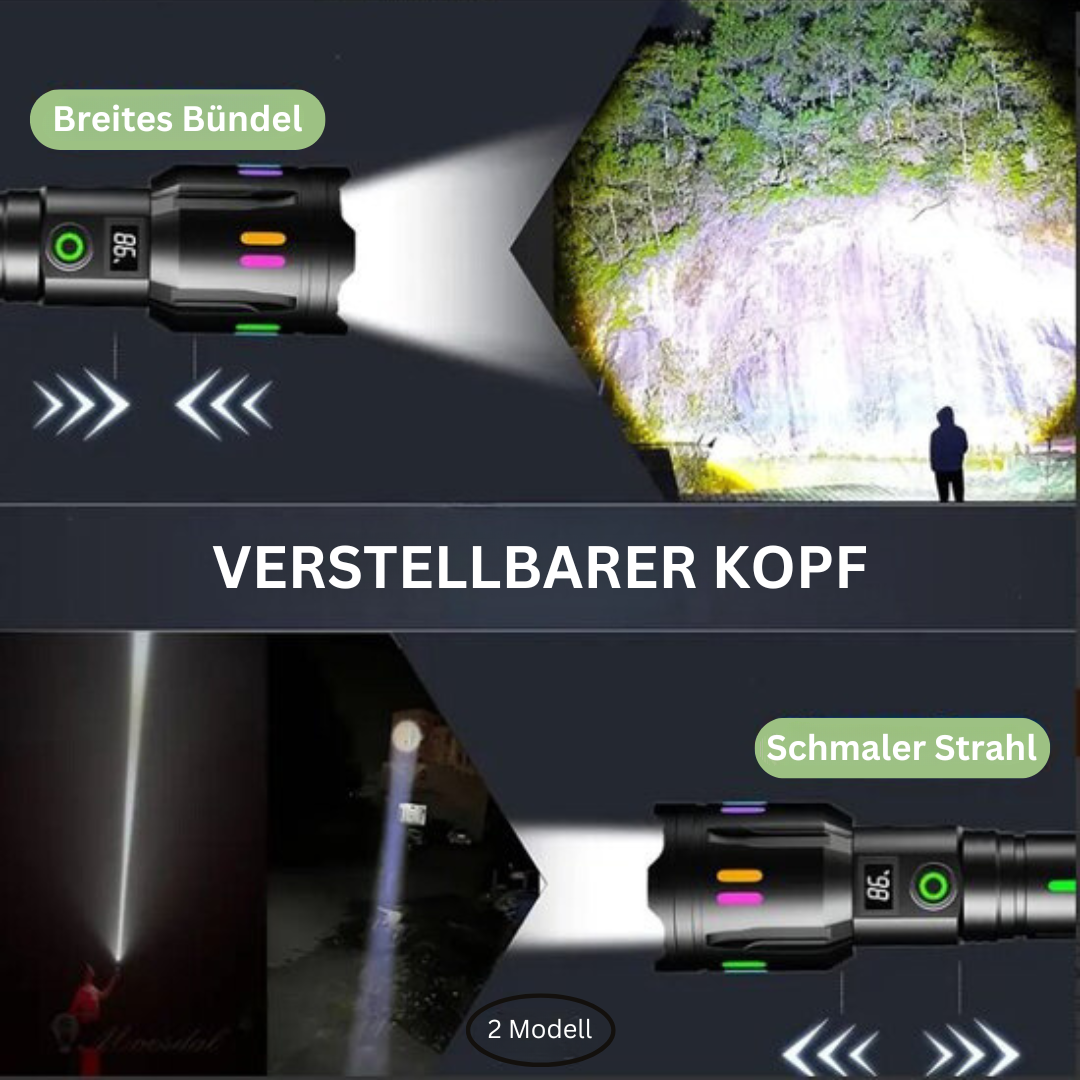 Militärische LED-Taschenlampe LumenPro im Outdoor-Einsatz, unverzichtbar für Camping & Wandern.