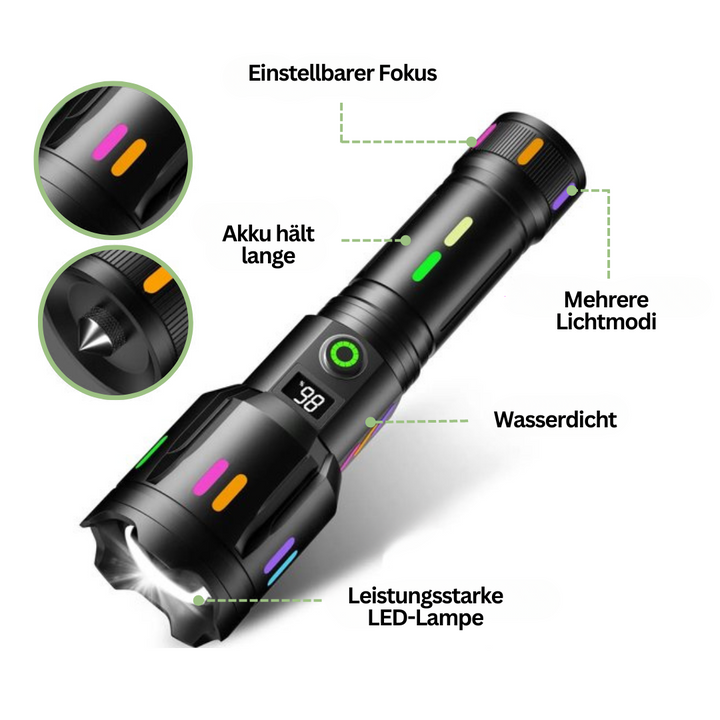 Vielseitige LED-Taschenlampe mit verschiedenen Leuchtmodi, robust und hell für Outdoor & Notfälle.