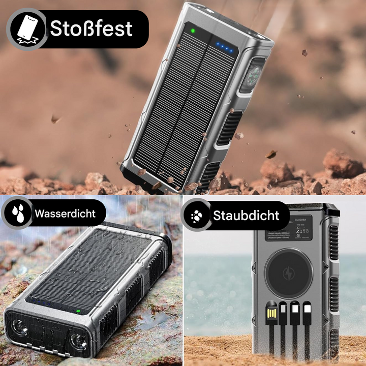 Leistungsstarke PowerSafe 20000 Solar Powerbank. Zuverlässige, tragbare Energiequelle für Outdoor-Abenteuer & Notfälle.
