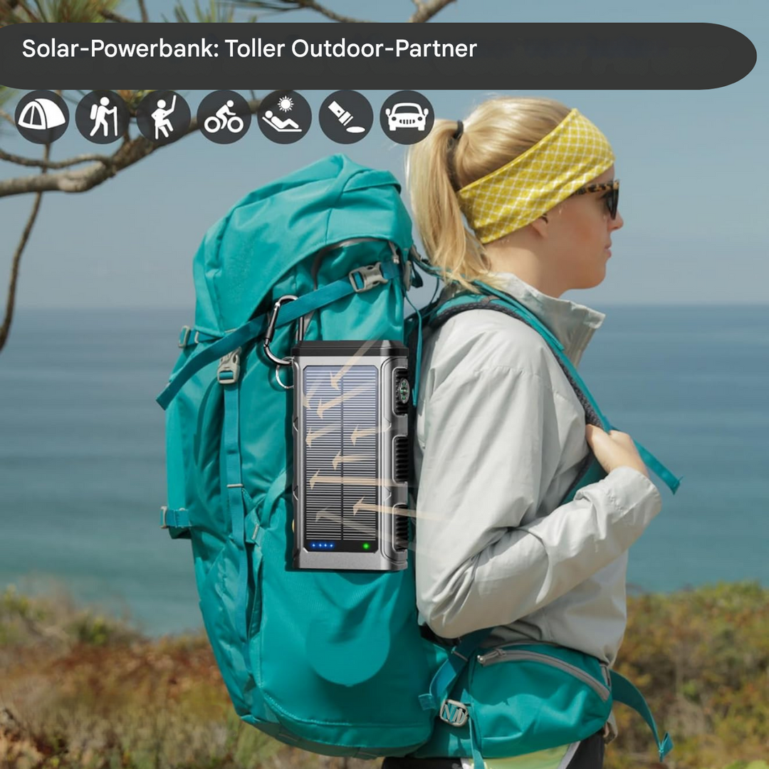 Hochkapazitive PowerSafe 20000 Solar Powerbank für alle Outdoor-Aktivitäten. Robustes Notfall-Ladegerät.